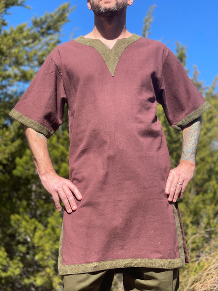 Viking Shirt Short Sleeves' Tunic - Brown/Green Trim